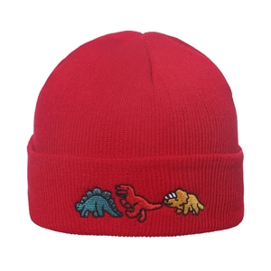 Red knit beanie featuring three cartoon dinosaur embroideries on a folded brim