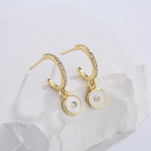 18K gold plated copper earrings with micro-set zircon and white oil-drop eye charm