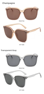Front and 45-degree angle views of champagne and transparent grey fashion sunglasses