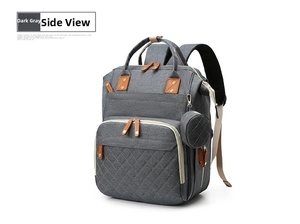 Macro view of dark grey diaper backpack with quilted front pocket and side round pouch