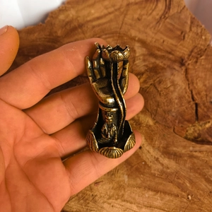 Solid brass miniature Buddha hand and lotus backflow incense burner with antique finish