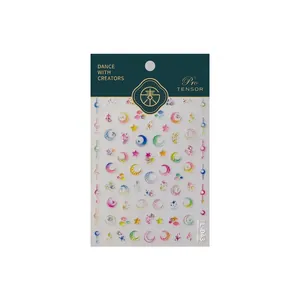 5D embossed nail stickers featuring colorful gradient moon and star designs for DIY manicure