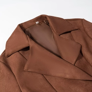 Women's caramel faux suede double-breasted coat with lapel collar and fine texture