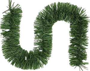 Close-up of flexible 50ft green tinsel garland with realistic pine needle texture for decor