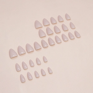 24 pieces of glossy nude purple almond-shaped press-on false nails on a pink background