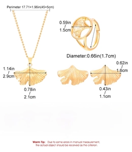 Detailed size specifications for golden ginkgo leaf necklace, ring and earrings set