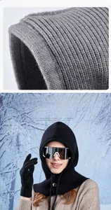 Close-up of thick knitted balaclava with three-button neck closure for winter warmth