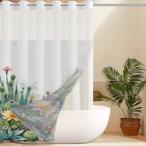 Detail of white shower curtain with cactus prints and metal grommets in a bathroom