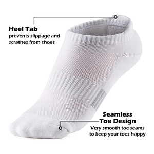 Detail view of white athletic ankle socks showing seamless toe and heel tab comfort features