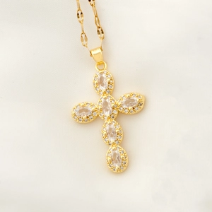Stainless Steel Cross Pendant Necklace With Cubic Zirconia Gold Plated Elegant Religious Jewelry For Women