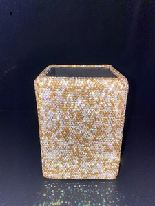 Luxurious square makeup brush holder fully covered in sparkling golden rhinestones