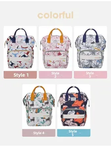 Detail view of large capacity diaper backpacks in five colorful printed styles and patterns