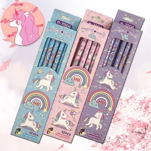 Unicorn HB triangular pencils set with rainbow patterns for students writing and drawing