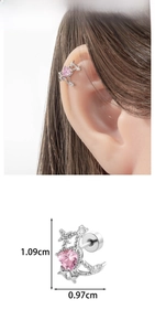 Detail of pink heart zircon stud earring with screw back and 1.09cm size dimensions