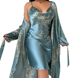 Teal floral satin pajama set with slip dress and long sleeve robe loungewear