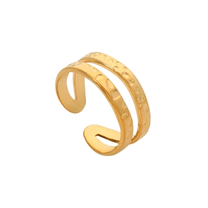 Close-up of golden double-layer open ring with irregular textured finish in titanium steel