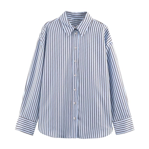 Chemise À Rayures Manches Longues Femmes Polyester Texture Popeline Ample Chemisier Boutonné Décontracté Col Rabattu Top