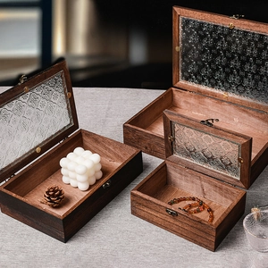 Vintage Wooden Storage Box Begonia Glass Pattern Desktop Decorative Jewelry Organizer Tray Case Lid Metal Lock