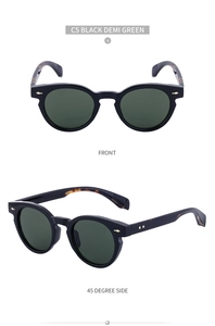 Front and 45-degree side view of oval sunglasses with gold rivets and dark green lenses
