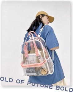 Macro view of transparent PVC backpack showing large storage capacity and pink accents