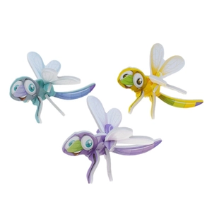 Close-up of three 3D cardboard dragonfly puzzles with colorful wings and cartoon eyes