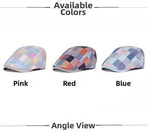 Detailed grid of colorful checkered newsboy caps in pink, red, and blue cotton fabric