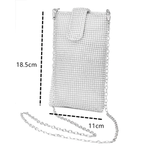 Detail showing dimensions 18.5x11cm for the silver rhinestone crossbody phone bag