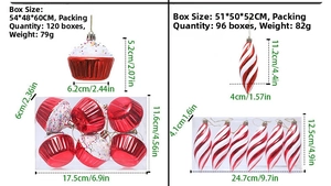 Detail of red and white glittery Christmas cupcake and spindle shape hanging ornaments
