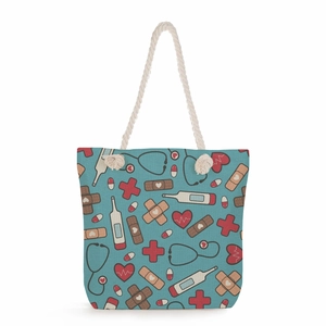 Nurse themed canvas tote bag with stethoscope prints and sturdy cotton rope handles