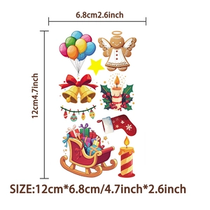 Close-up of waterproof Christmas stickers with angels, bells, and holiday symbols