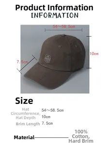 Detail view of brown cotton baseball cap showing 100% cotton material and dimensions