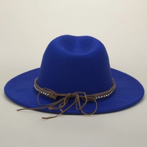 Detail of royal blue fedora hat with brown braided band and gold metallic accent