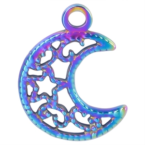 Iridescent stainless steel moon necklace featuring hollow star and cloud pattern motifs