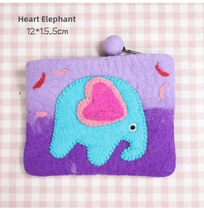 Detail of handmade purple wool felt coin purse with elephant embroidery, size 12x15.5cm