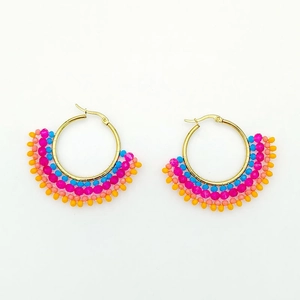 Ethnic style golden hoop earrings with colorful handmade bead fringe in fan shape