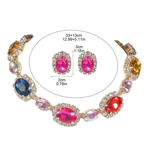 Elegant gold bridal jewelry set with colorful rhinestones and pink crystal earrings