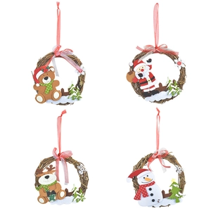 Christmas rattan wreath set with Santa, Reindeer, Snowman and Bear cartoon pendants
