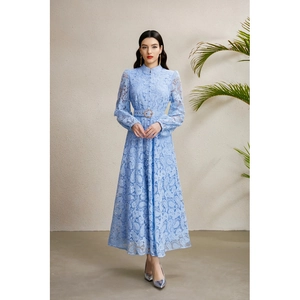 Elegant light blue lace maxi dress with stand collar and lantern sleeves for autumn