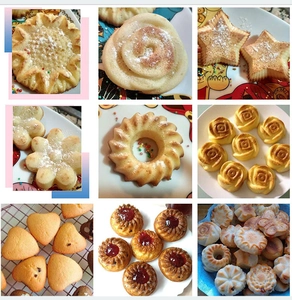 Detailed grid showing various non-stick baking mold shapes including flower and heart designs
