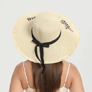 French style wide brim straw hat with black ribbon and happy embroidery for sun protection