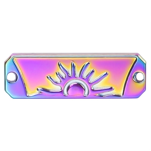 Macro detail of rectangular sun pendant with colorful iridescent vacuum plating finish