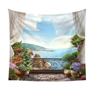 Detailed Mediterranean balcony view tapestry with vibrant flowers and blue ocean scenery