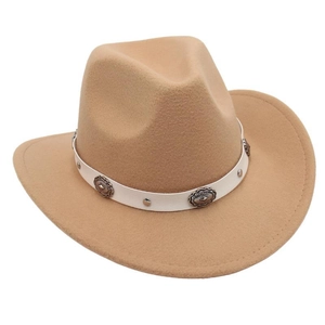 Detail of khaki felt cowboy hat with white leather band and silver floral concho studs