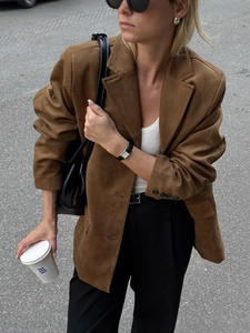 Blazer En Daim Pour Femmes Simple Boutonnage Col À Revers Veste De Costume Oversize Streetwear Décontracté