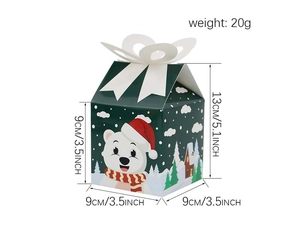 Detail of green Christmas gift box with bow top showing 9x9x13cm dimensions and structure
