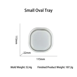Macro view of oval tray silicone mold with 115mm dimension and weight parameters