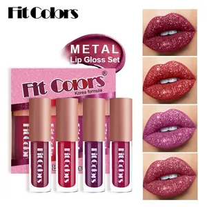 Metallic glitter lip gloss set featuring four vibrant shades with a long-lasting velvet finish