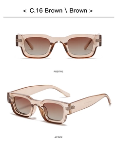 Detail view of transparent brown square sunglasses with gradient brown lenses in two angles