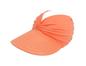 Detail view of coral orange wide-brim sun visor with elegant twist knot design for women