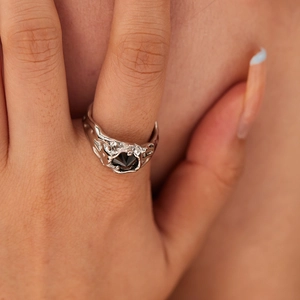 Molten Lava Texture Adjustable Ring Stainless Steel With Black Zircon Irregular Design For Women Minimalist Cold Style
